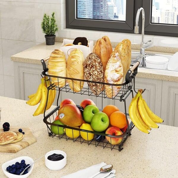 ANTOPY 2-Tier Fruit Basket with Banana Hangers Metal Countertop Organizer - Image 2