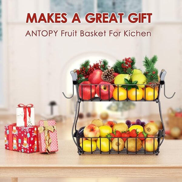 ANTOPY 2-Tier Fruit Basket with Banana Hangers Metal Countertop Organizer - Image 5