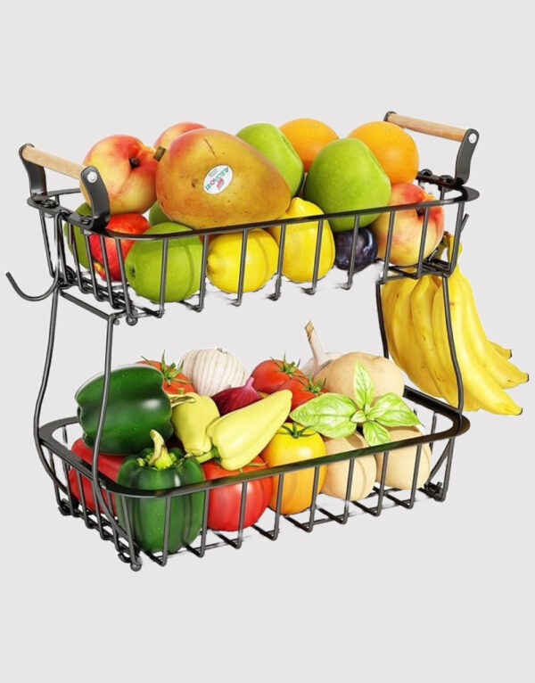 ANTOPY 2-Tier Fruit Basket with Banana Hangers Metal Countertop Organizer